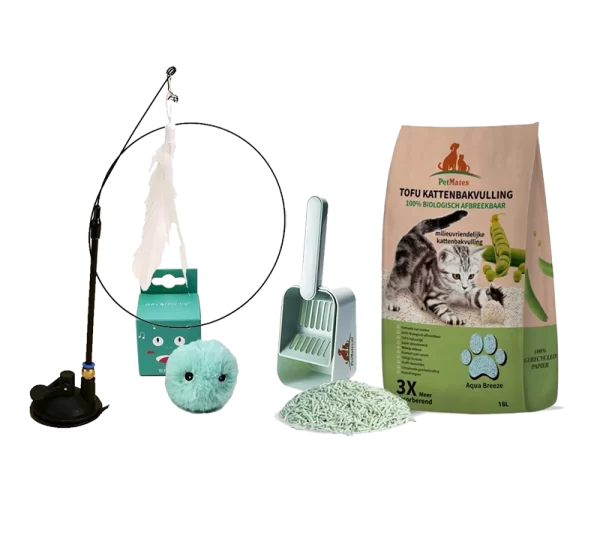 Katzenstreu All-in-One-Paket: Vorteilsbeutel Katzenstreu + Schaufel + Feder + Ball